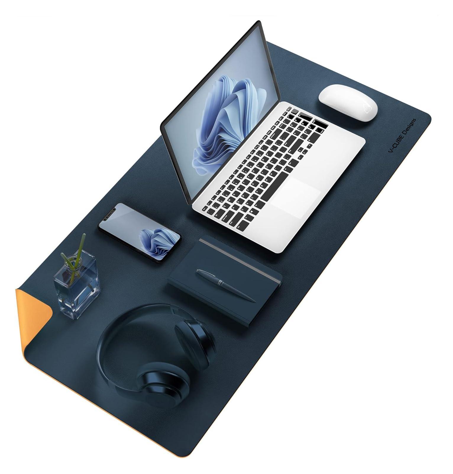 V-CUBE Designs Premium Vegan Leather Dual Color Desk Mat 75X40cm 1.8mm Thick| Laptop Mat/Extended Large Mouse Pad, Reversible Deskspread |High Tear/Peel Strength|Anti-Slip,Splash-Proof| Blue&Yellow
