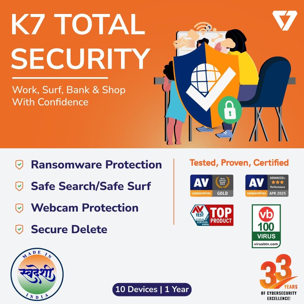 K7 Total Security Antivirus | 10 User 1 Year | Anti-Ransomware, Web Protection, Wi-Fi Security Advisor | Windows Desktop, Laptop, PC| Email Delivery in 2 hours