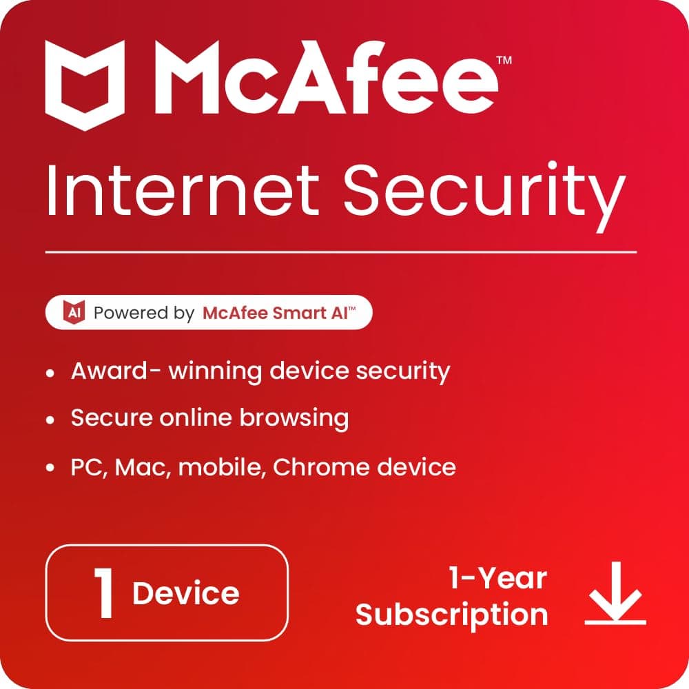 McAfee Internet Security 2025 | 1 Device, 1 Year | Antivirus Internet Security Software | Email Delivery