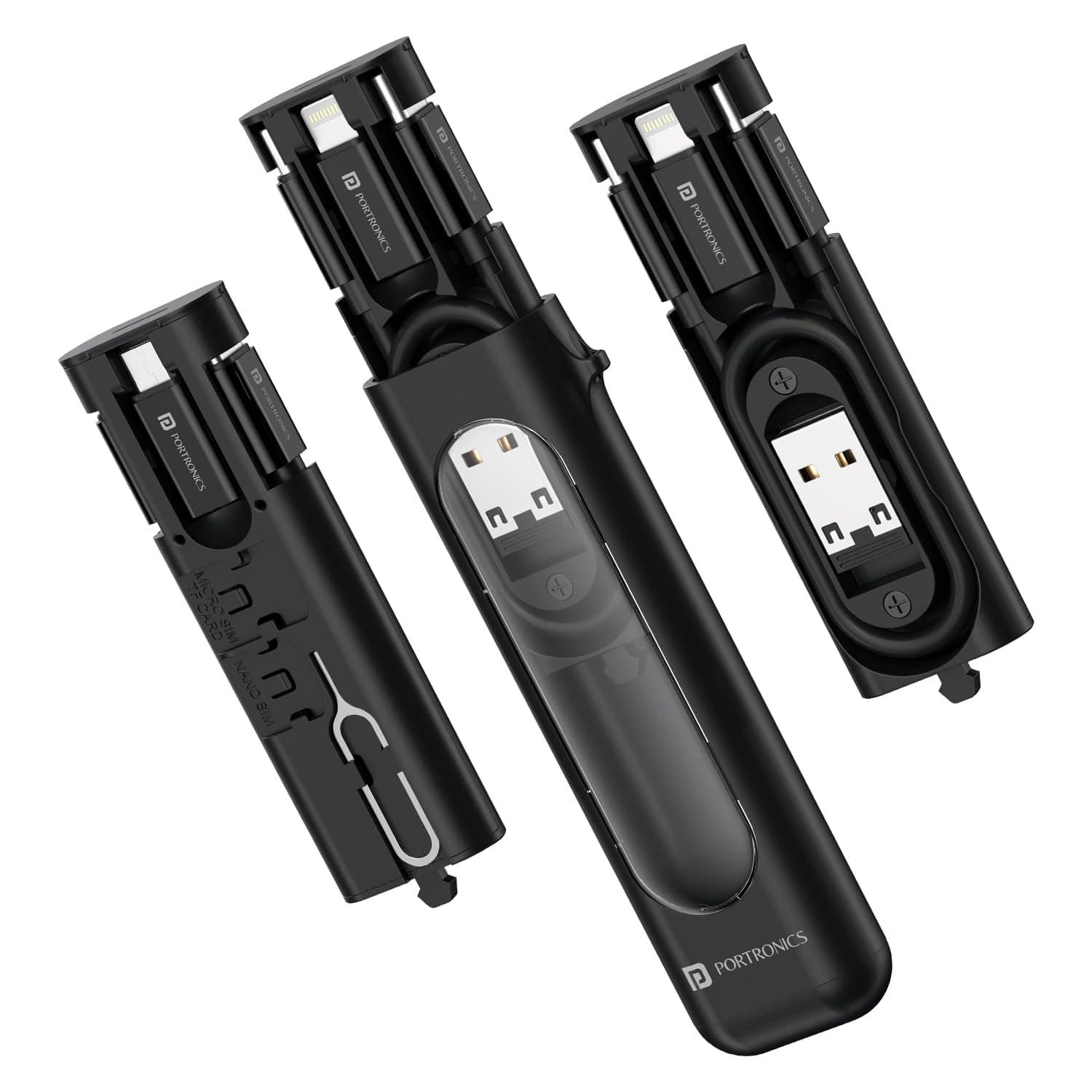 Portronics Snapcase 4 60W Multifunctional Fast Charging Data Cable Transparent Kit, Conversion Set USB A & Type C to Male Micro/Type C/Lightning, Data Transfer, Sim Storage, Sim Eject Pin,Pocket Size