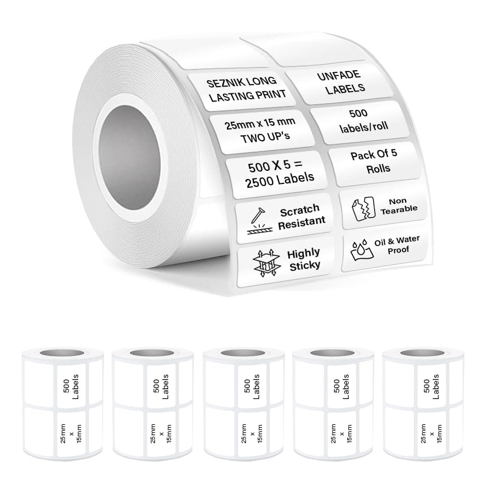 Seznik Waterproof, Non-Tearable, Sticky Thermal Lables, Label Roll, 2 inch Adhesive Thermal Labels for Label Printers (25mmx15mm - 2500 Lables)