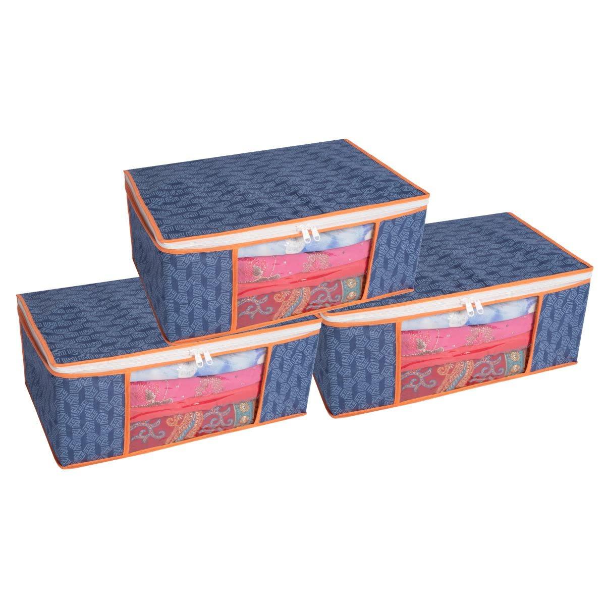 HomeStrap Set of 3 Non-Woven Printed Saree Cover/Cloth Storage/Organizer with Transparent Window (Navy Blue with orange border), 33 x 22 cm