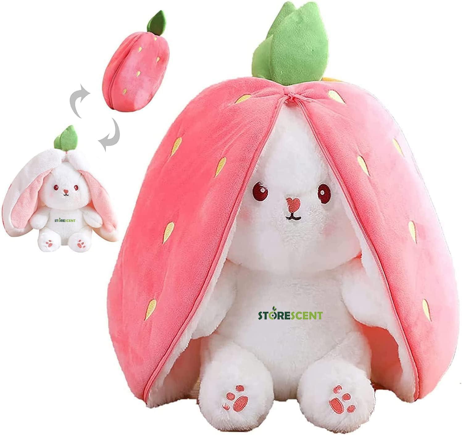 Storescent Reversible Strawberry Rabbit Bunny Plush Toys with Zipper, Cute Plushies Strawberry Rabbit Soft Toy, Birthday Gift for Girls & Kids (Pink Bunny 35cm)