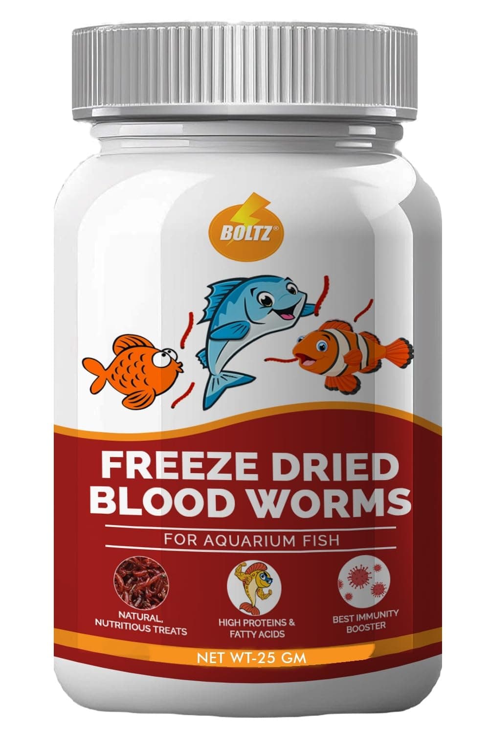 BOLTZ Freeze‑Dried Blood Worms Fish Food 25 g – Natural Premium Treat for Bettas, Tetras, Arowana, Flowerhorn, Oscar – Enhances Color, Appetite & Immunity – Made in India
