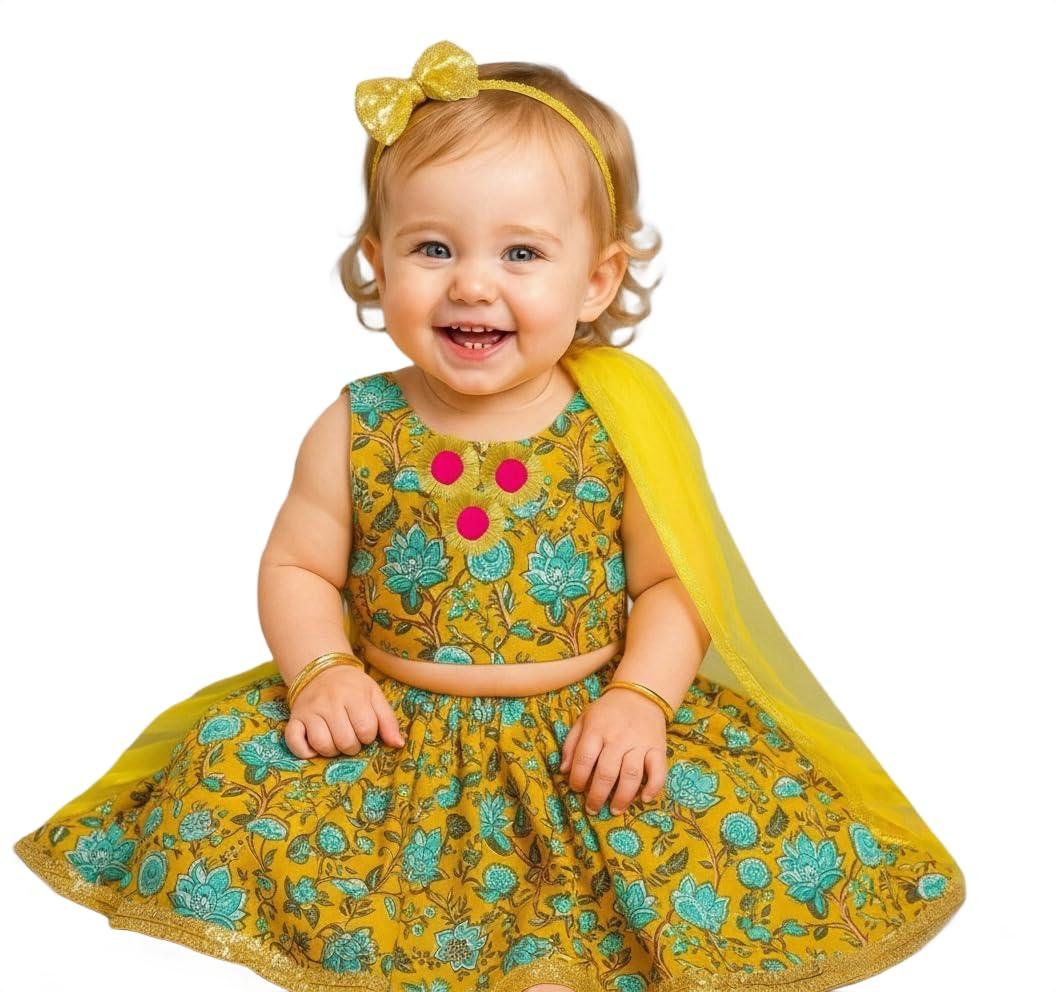 A.T.U.N. (ALL THINGS UBER NICE) Baby Girls 100% Cotton Ethnic Floral Printed Lehenga Choli Set with Lace & Dupatta | Traditional 3-Piece Festive Outfit for Kids