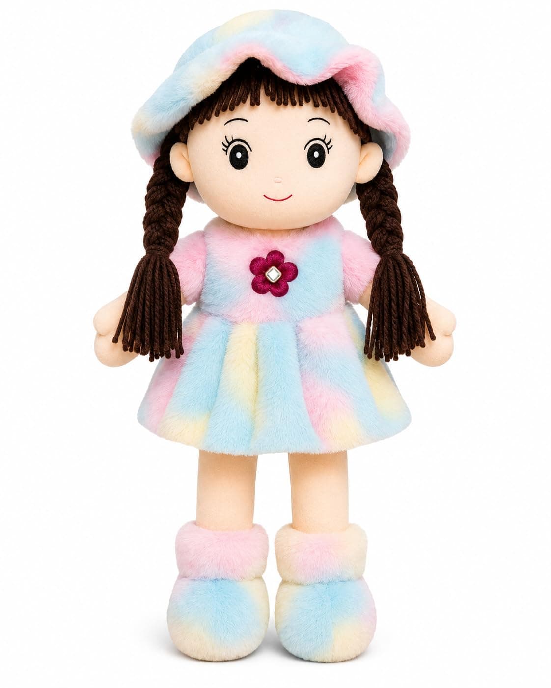 Fluffybliss Soft Hat Doll for Kids 42 cm | Cute Plush Rag Doll with Cap & Braided Hair | Washable Stuffed Soft Toy for Girls & Boys | Birthday Gift | Multicolor