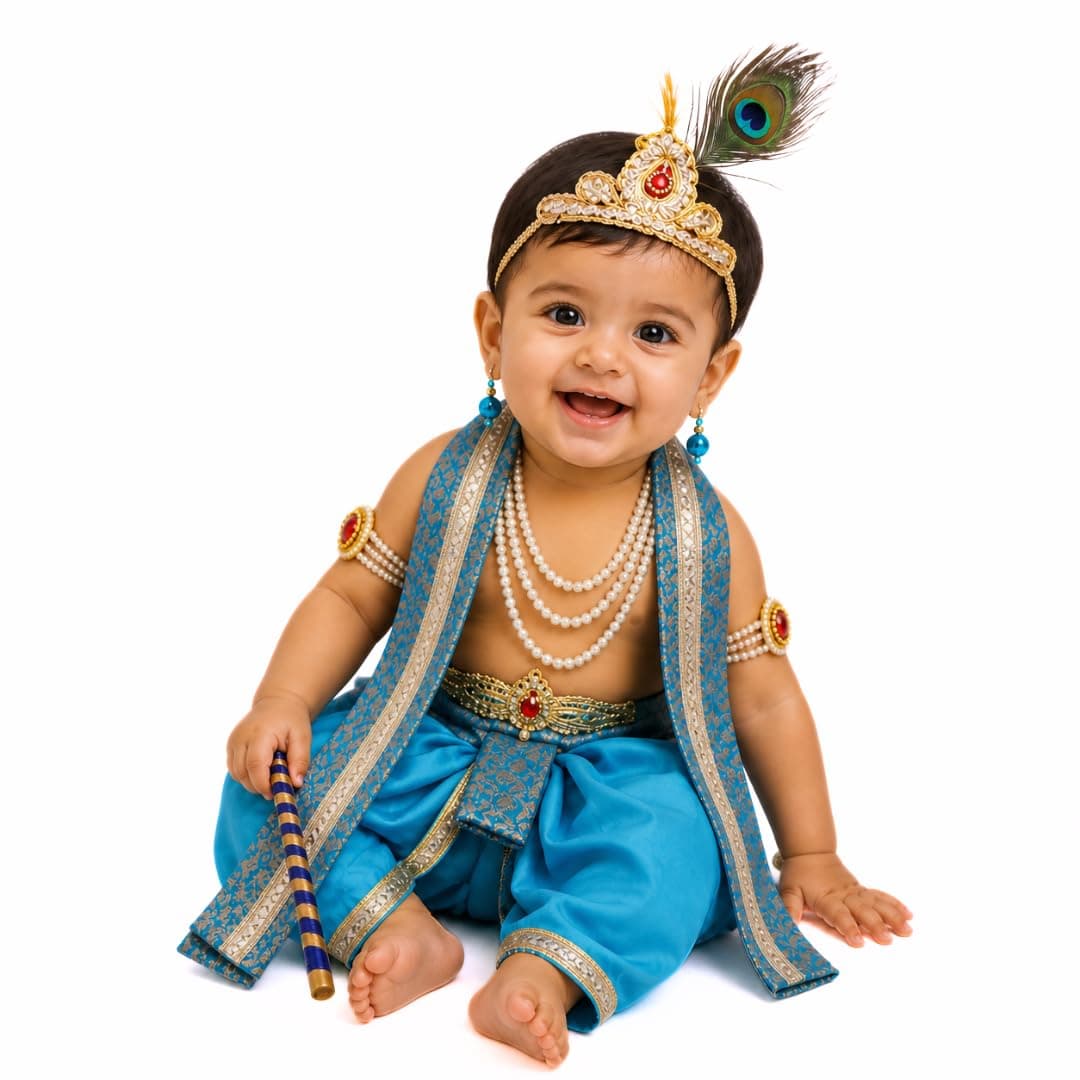 ITSMYCOSTUME Krishna Dress for Baby Boys & Girls | Little Krishna Costume Set with Dhoti, Mukut, Morpankh, Bansuri, Patka & Accessories | Janmashtami Fancy Dress for Kids (Turquoise)