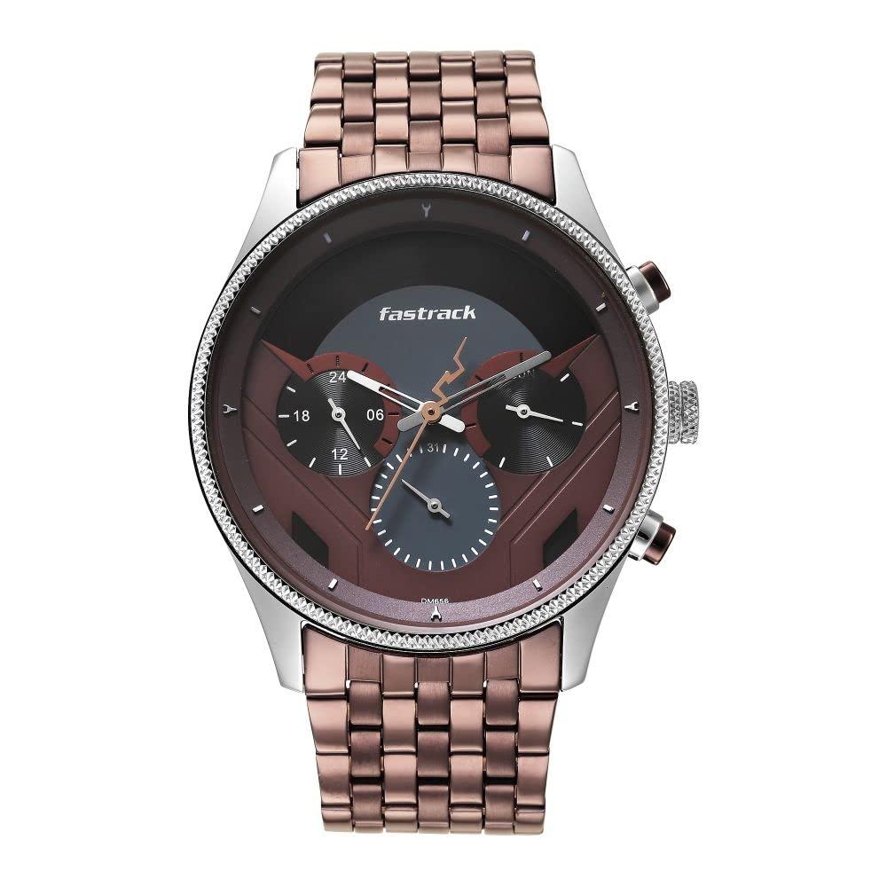 Fastrack Mens Thor Quartz Multifunction Two Toned Black & Red Dial Brown Metal Strap Watch for Guys NT3286KM01
