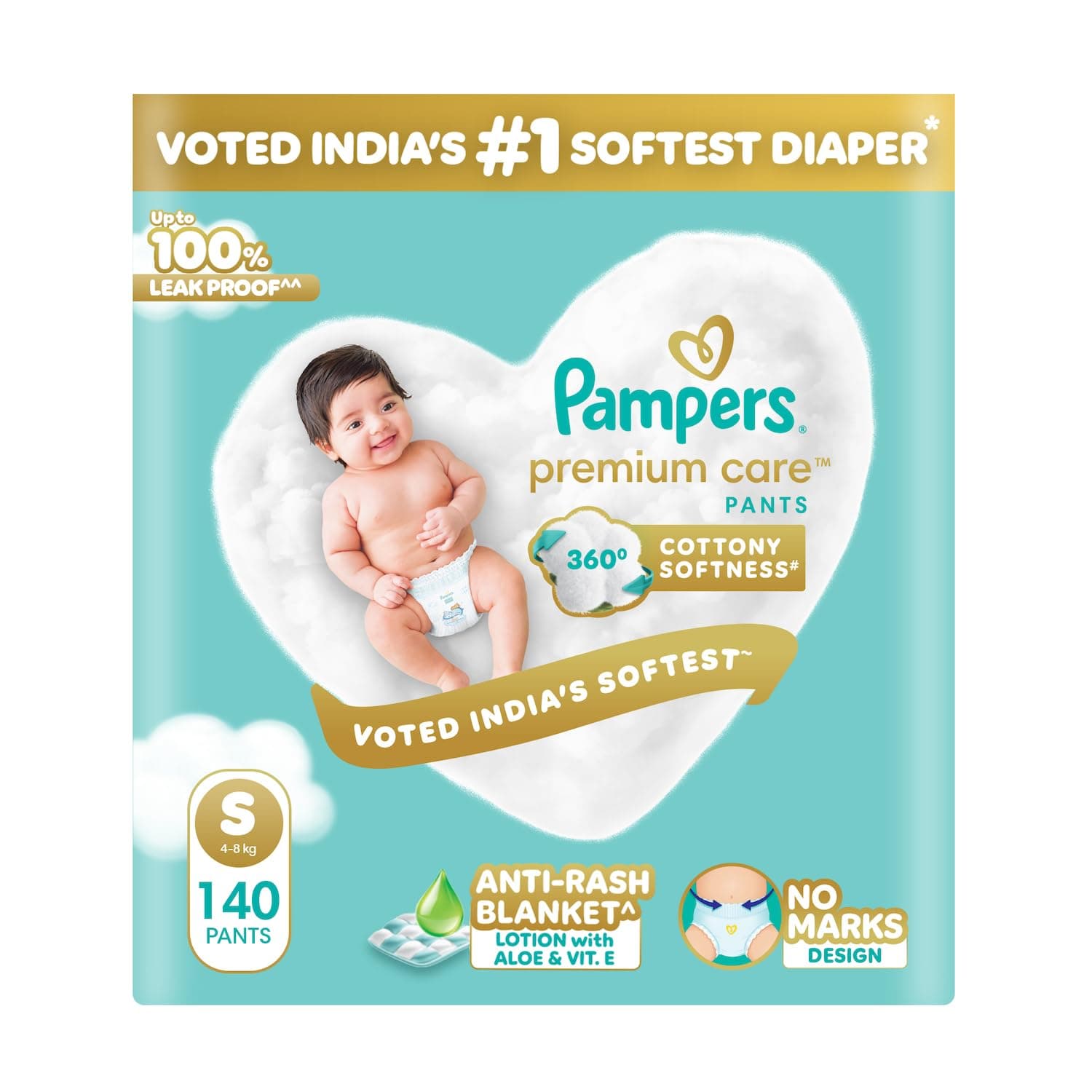 Pampers Premium Care Pant Style Baby Diaper S 140 Count | No Marks Design | Voted India’s #1 Softest Diaper | All in 1 diaper with 360 Cottony Softness