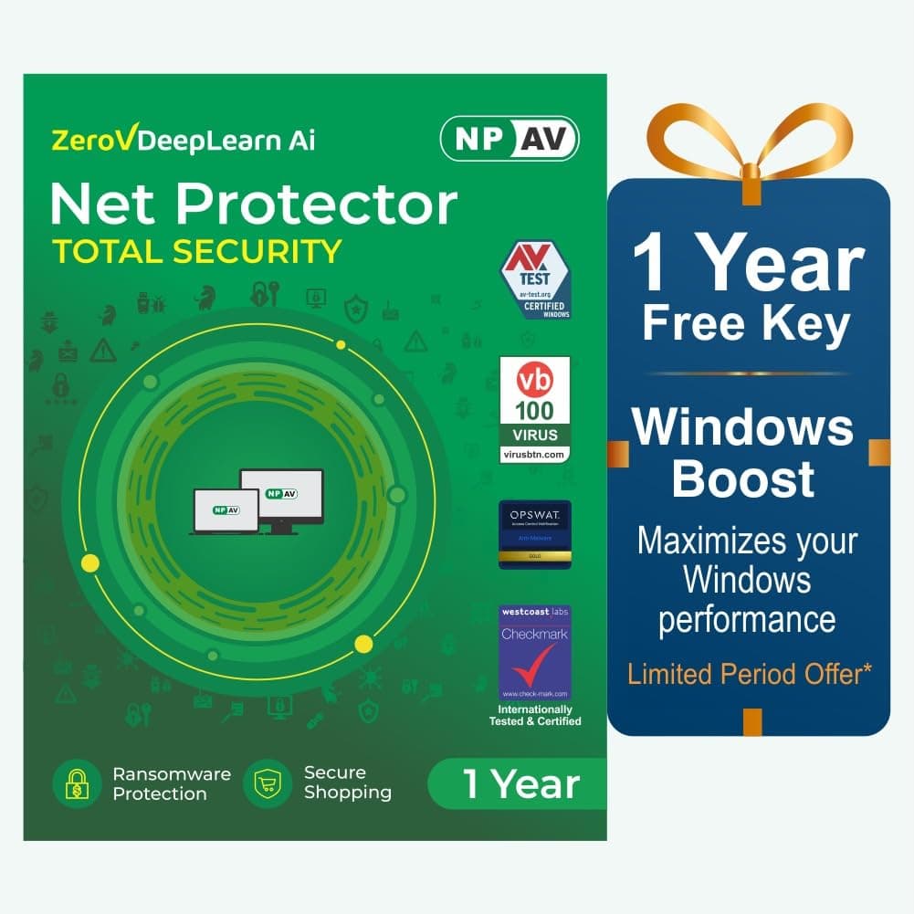 Net Protector Antivirus - Total Security 2026 | Windows PC/Laptop |1 PC -1 Year with ZeroVDeepLearn Ai | + 1 Year Windows Boost for PC/Laptop (Email Delivery in 1 Hour - No CD)