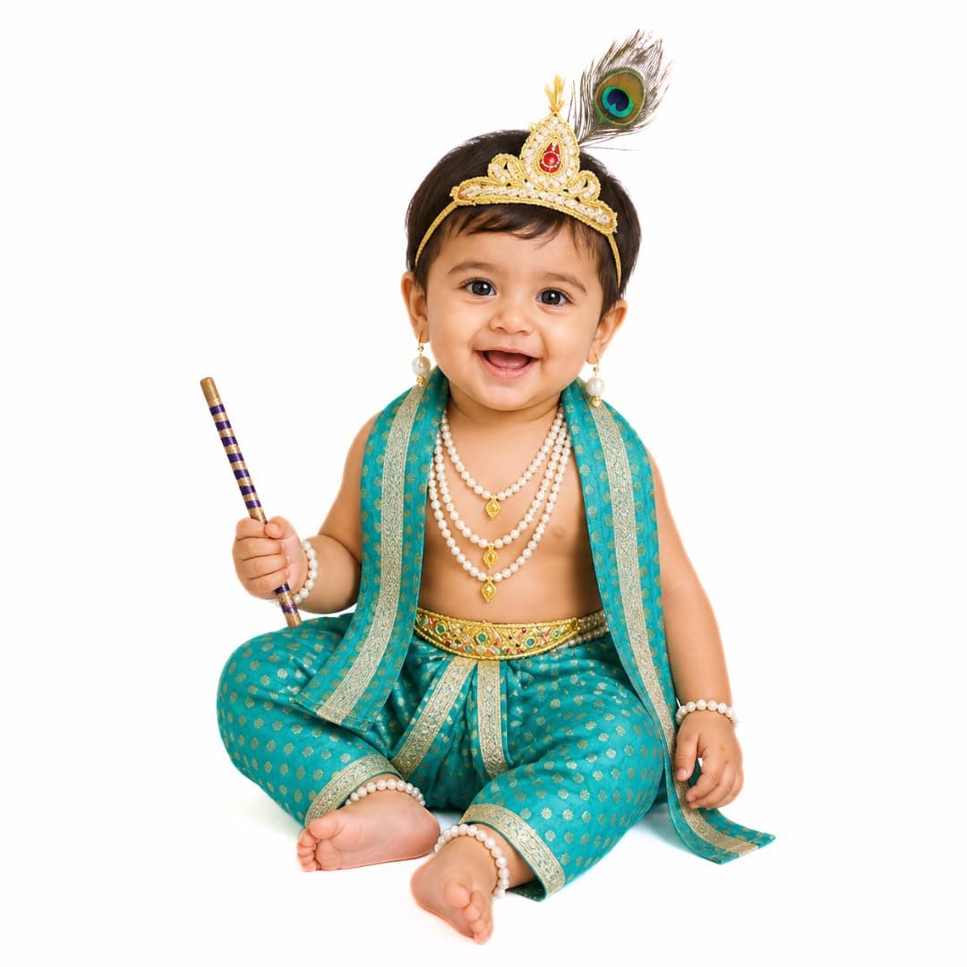 ITSMYCOSTUME Little Krishna Dress for Boys & Girls | Krishna Costume Set with Dhoti, Patka, 5 Layer Moti Mala, Mukut, Morpankh & Accessories | Janmashtami Fancy Dress for Kids - Turquoise