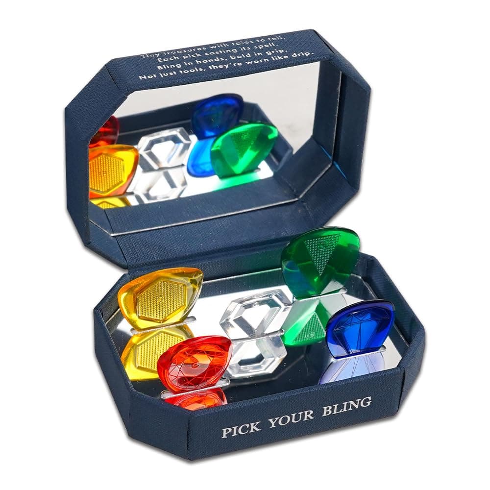 Kadence JPICKS Bling Guitar Picks | 5 Picks with Beveled Edges & Faceted Grip | 1.8 to 3.2 mm Thickness | Polycarbonate (PC) | Mirrored Collector’s Box | Multi-Color Set