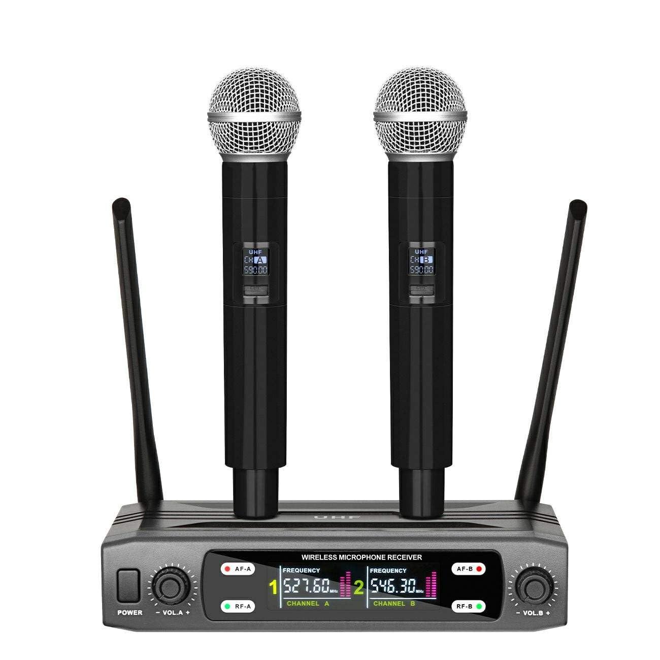 kh UHF Dual Cordless Wireless Microphone System Handheld Dynamic Mics with Echo Control & Mini Receiver Ideal for House Parties, Outdoor Use, Classroom, Karaoke
