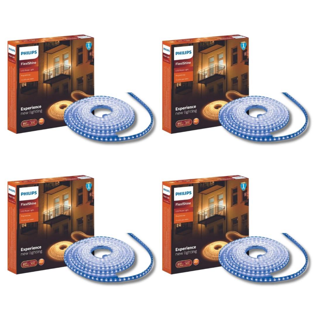 PHILIPS 5 Meter LED Rope Light | Flexishine Plug n Play Flexible Rope Light for Indoor and Outdoor Decorations | Rope Light for False Ceiling,Balcony,Diwali,Christmas | Colour : Blue, Pack of 4