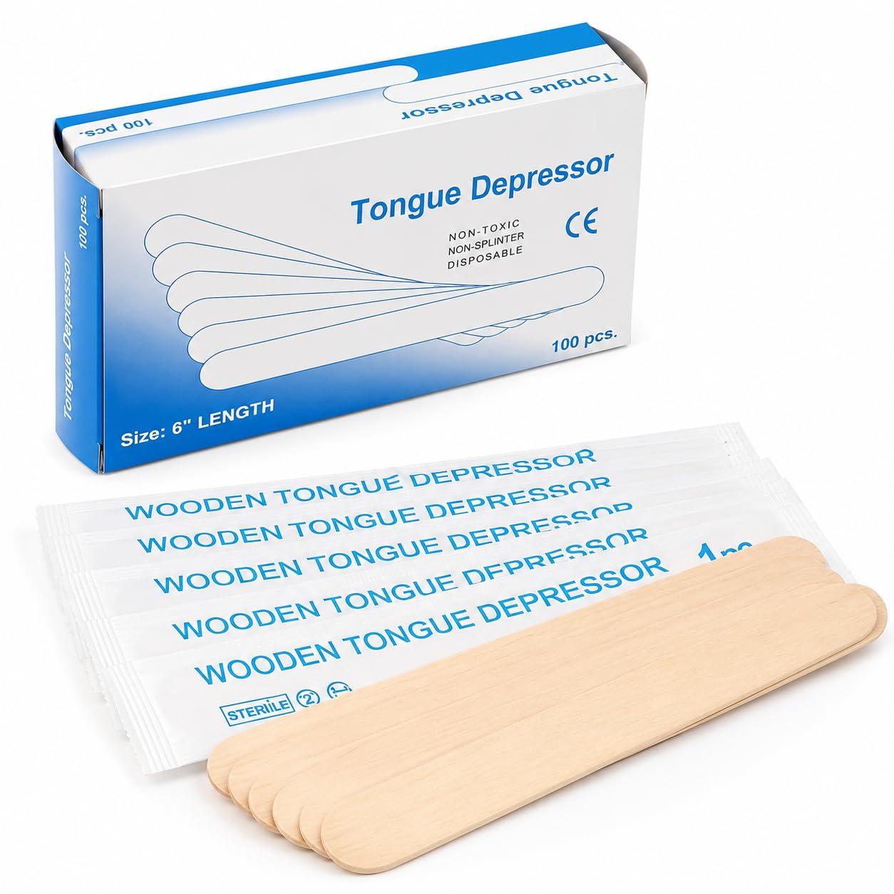 Dr Care Sterile Wood Tongue Depressors, 6 Inch, Disposable Wooden Spatulas for Dental Clinics, Waxing, Hair Removal (100)