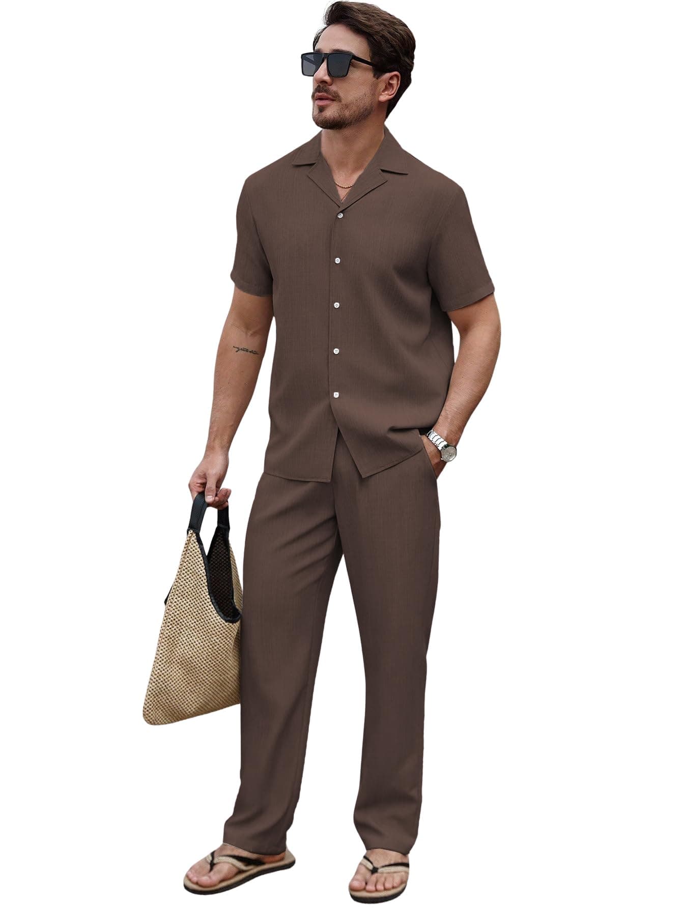 TAGDO® Men's Solid Co-Ord Set | Cuban Collar | Half Sleeve Shirt | Straight Fit Trouser | Casual Outfit | Regular Fit | Vacation & Resort Wear (Pant-Pair-2058-Brown-L)