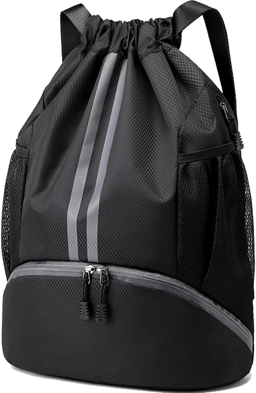 Sports Drawstring Backpack for Men & Women – Waterproof Gym Bag with Separate Shoe Compartment & Mesh Pockets – Lightweight Basketball, Swimming & Travel Kit Bag (Black)