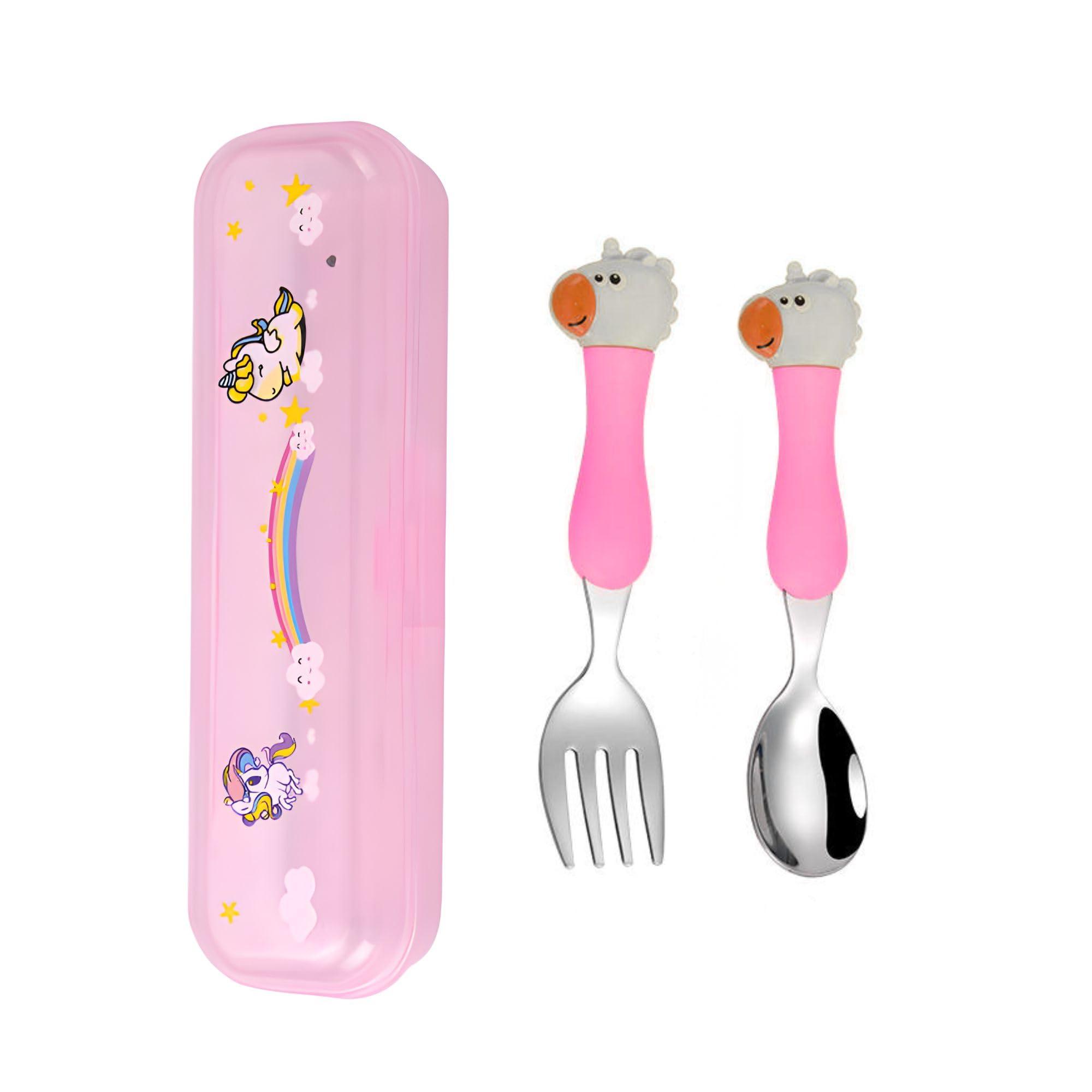 Hian 304 Stainless Steel Kids Spoon & Fork Set – Safe Rounded Edges, Cute Design Easy-Grip Handles, Durable Children’s Cutlery with Carry Case, Pack of 2 (Pink)