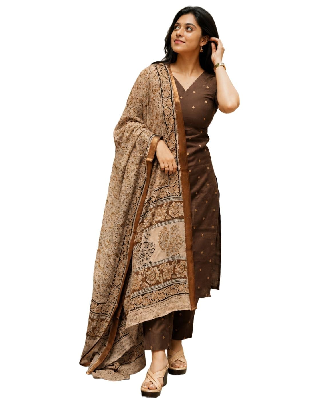 GoSriKi Women's Rayon Viscose Straight Printed Kurta with Pant & Dupatta (AHANKAR BROWN-GS-FBA_M_Brown_Medium)