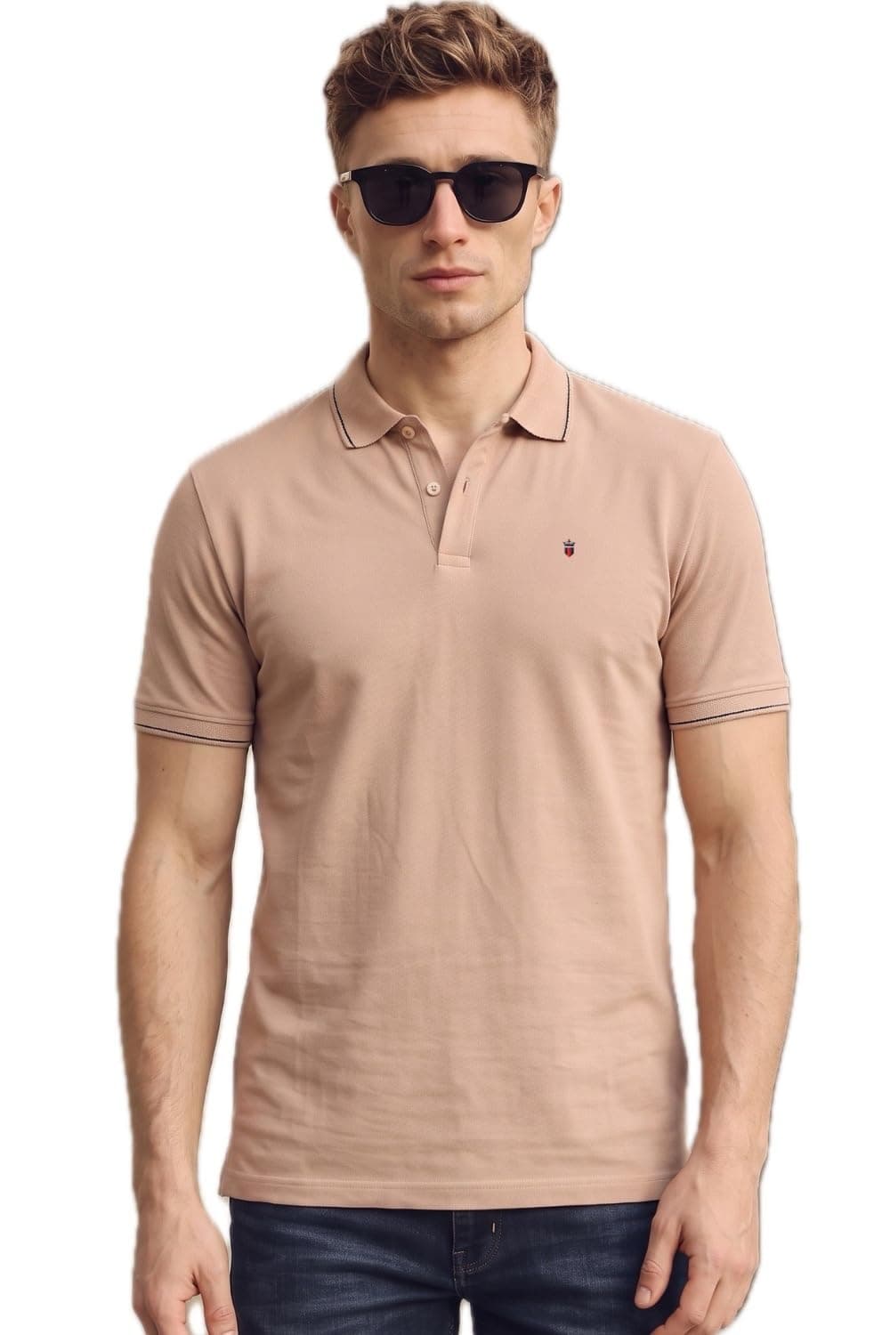 Louis Philippe Men Beige Solid Polo Neck T-Shirt