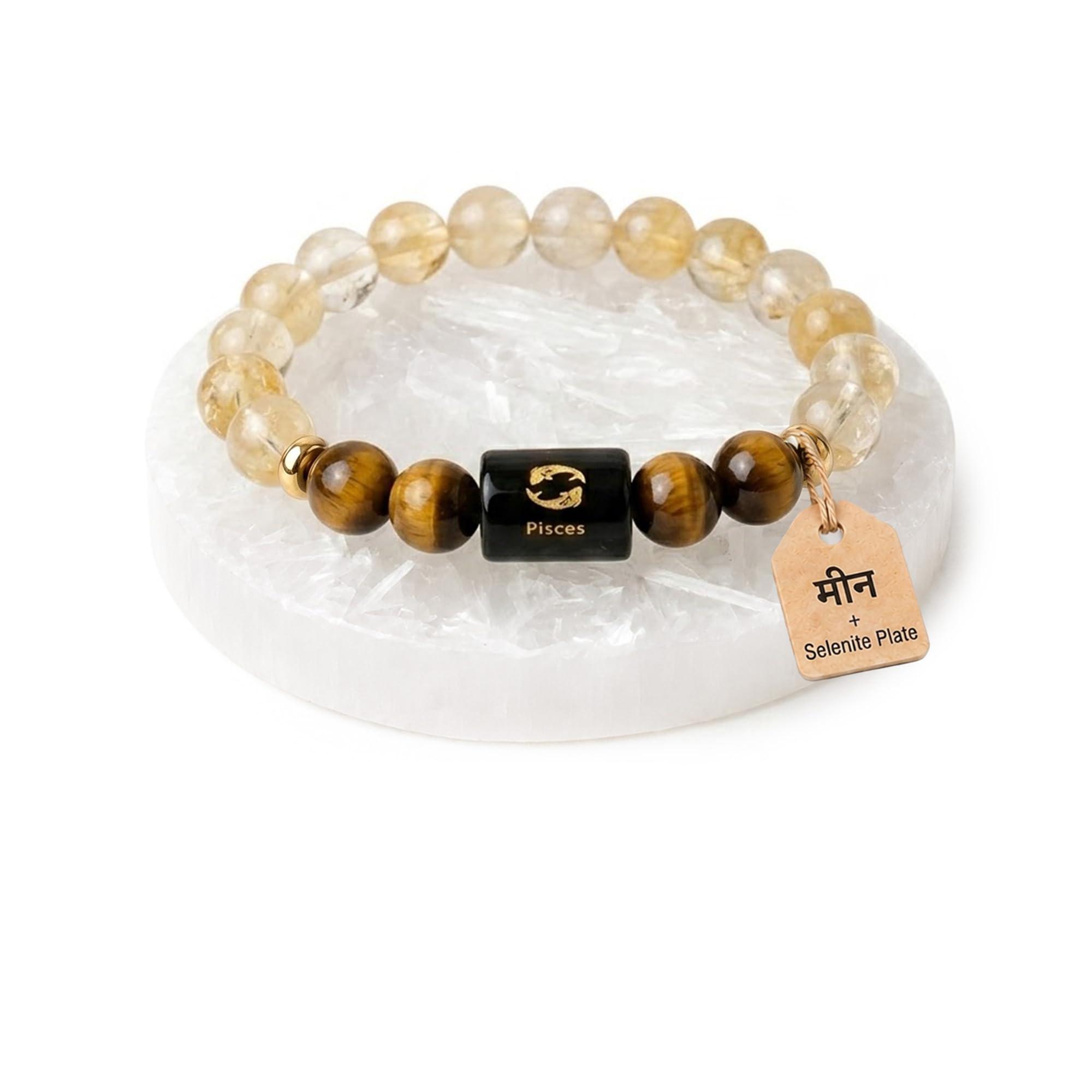 Astrotalk Pisces (मीन राशि) Zodiac Bracelet with Raw Selenite Plate | Crystals for Protection & Emotional Balance | Citrine & Tiger Eye | Bracelet for Man & Woman | Gift for Man & Woman