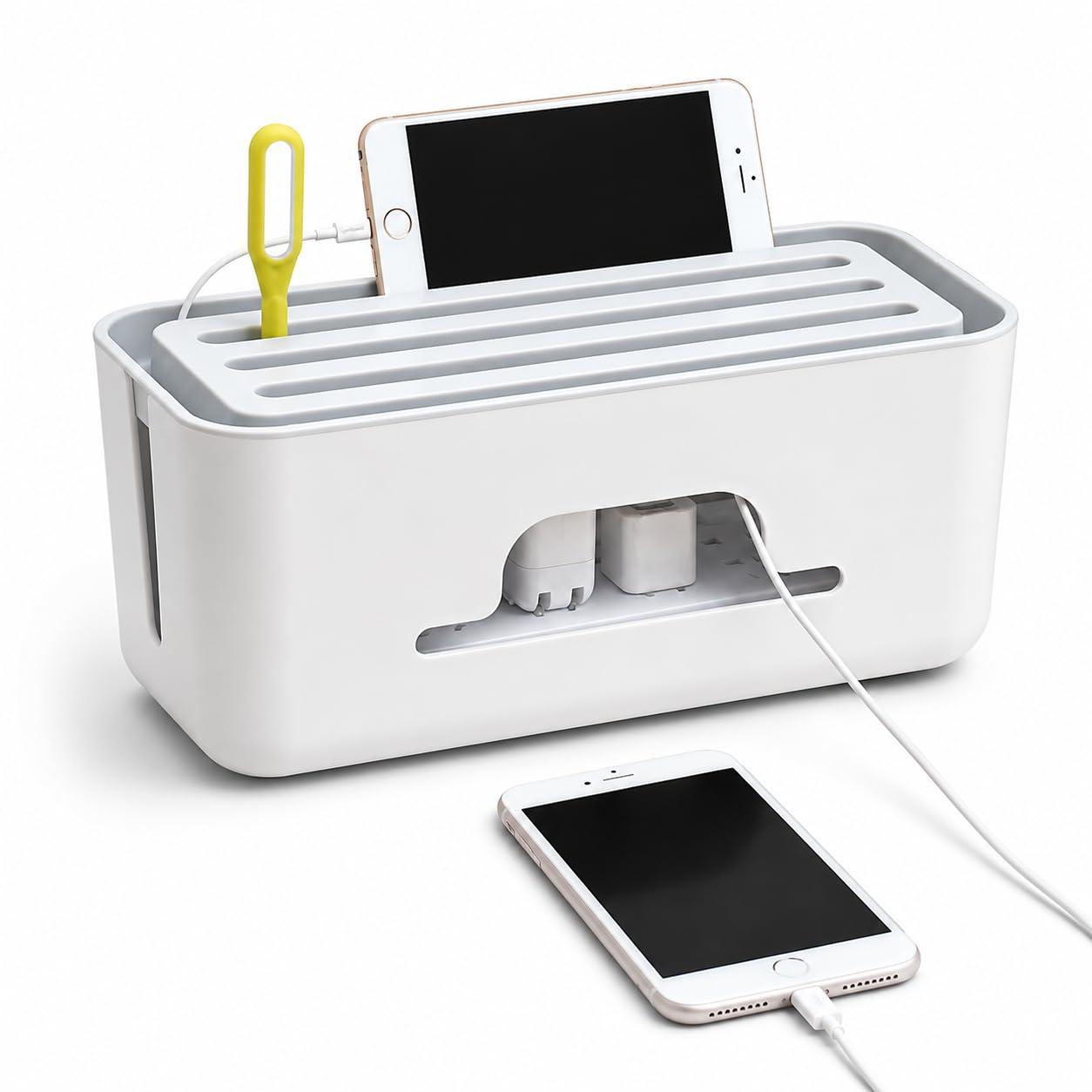 Xacton Cable Management Box with Phone Stand | Wire & Cord Organizer for Power Strip, Extension Board, Chargers & Cables | Cable Hiding Box for Desk, TV Unit, Home & Office | 31 x 14 x 13 cm