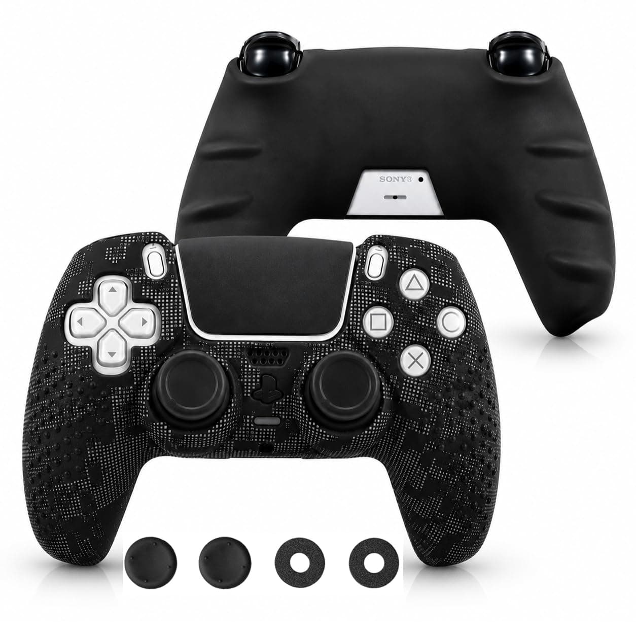 Meyaar for PS5 Controller Cover Case, Anti-Slip Silicone Cover Skin Compatible with PS5 Dual Sense Controller with Thumb Grip Caps, Controller Sticker (Camo Black)
