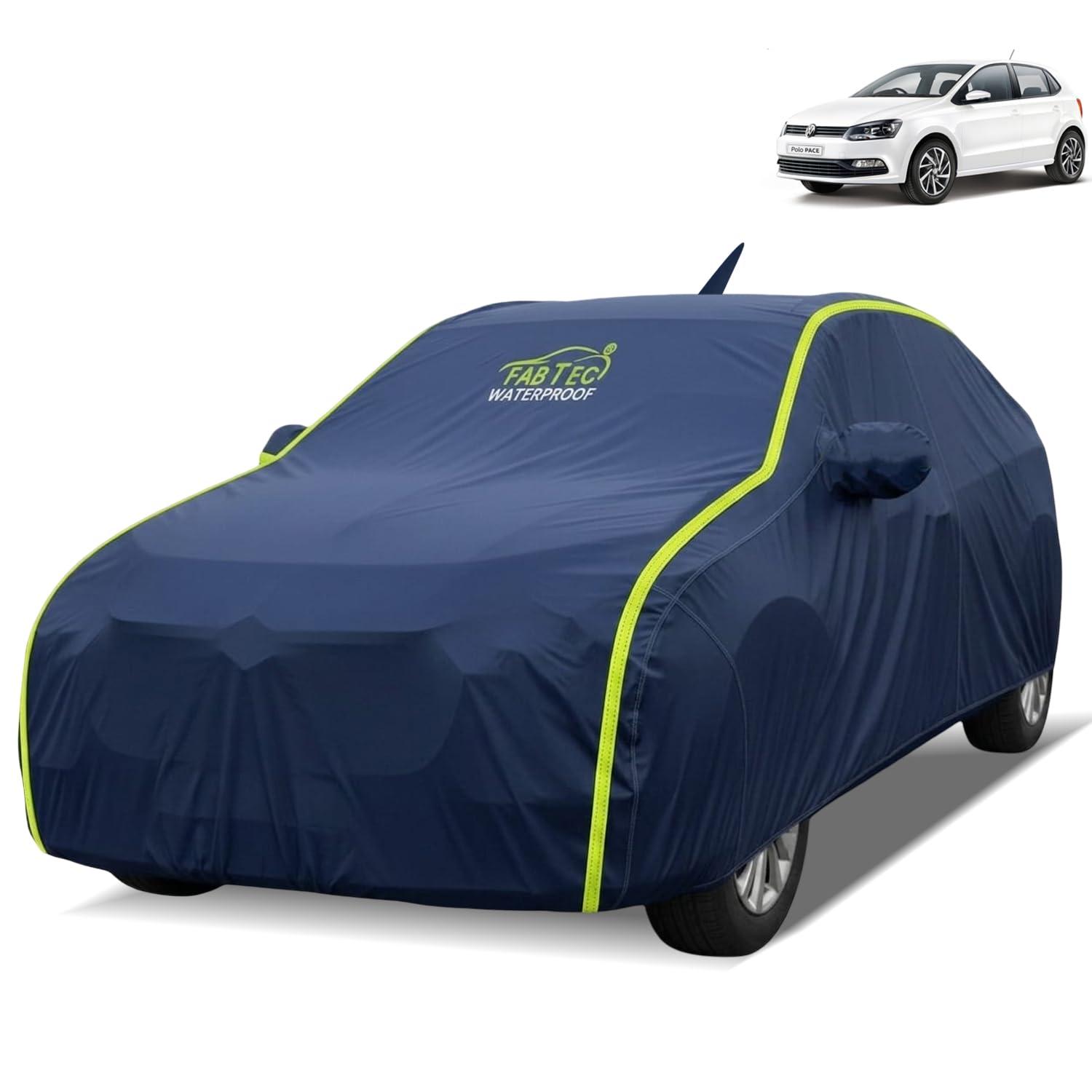 FABTEC Waterproof Car Body Cover for Volkswagen Polo Outdoor/Indoor All Weather Protection with Mirror & Antenna Pocket Triple Stitched (Premium Navy Blue with Neon Piping)
