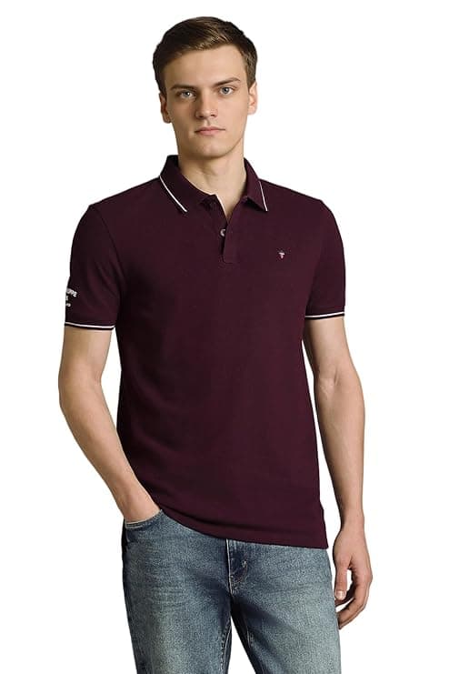 Louis Philippe Men's Slim Fit Single-Tuck Pique Stylized Sleeve Print and Contrast Tipping Half Sleeve Solid Polo Tshirt