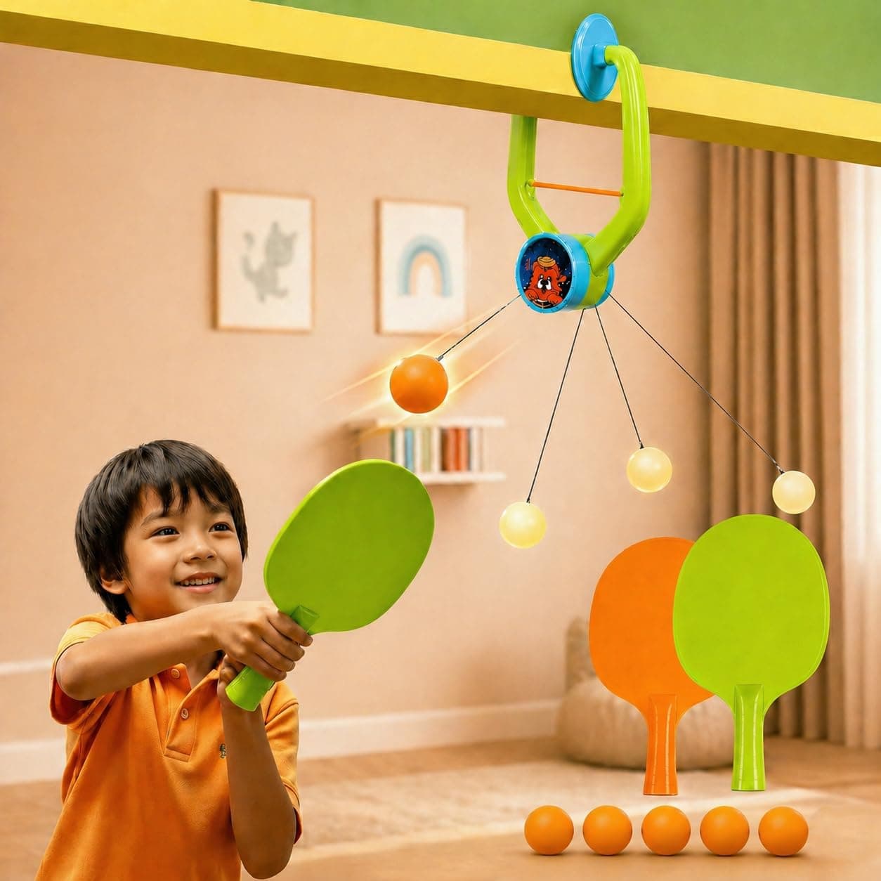 Niwlix Hanging Table Tennis Trainer for Kids Age 5-14 | Door Mounted Ping Pong Game Set with 2 Rackets 5 Balls | Home Play Activity Indoor Reflex Sports Game for Boys and Girls