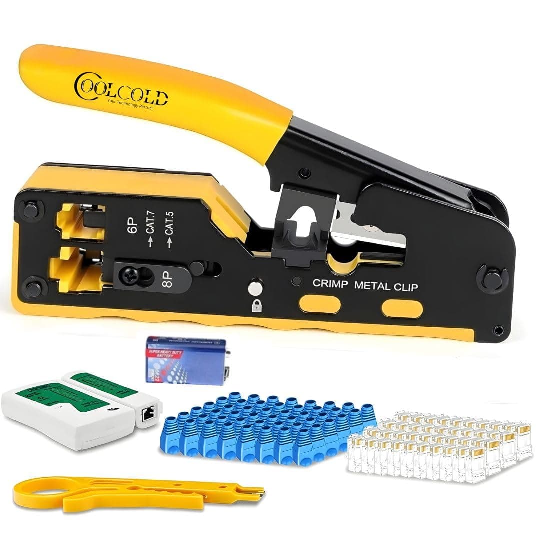 COOLCOLD RJ45 Crimping Tool Kit – All-in-One Passthrough Ethernet Crimper for Cat5/Cat6/Cat7 – Includes Network Cable Tester with Battery, 10pc Cat6 Pass-Through Connectors & 10pc Boots(Multicolor)