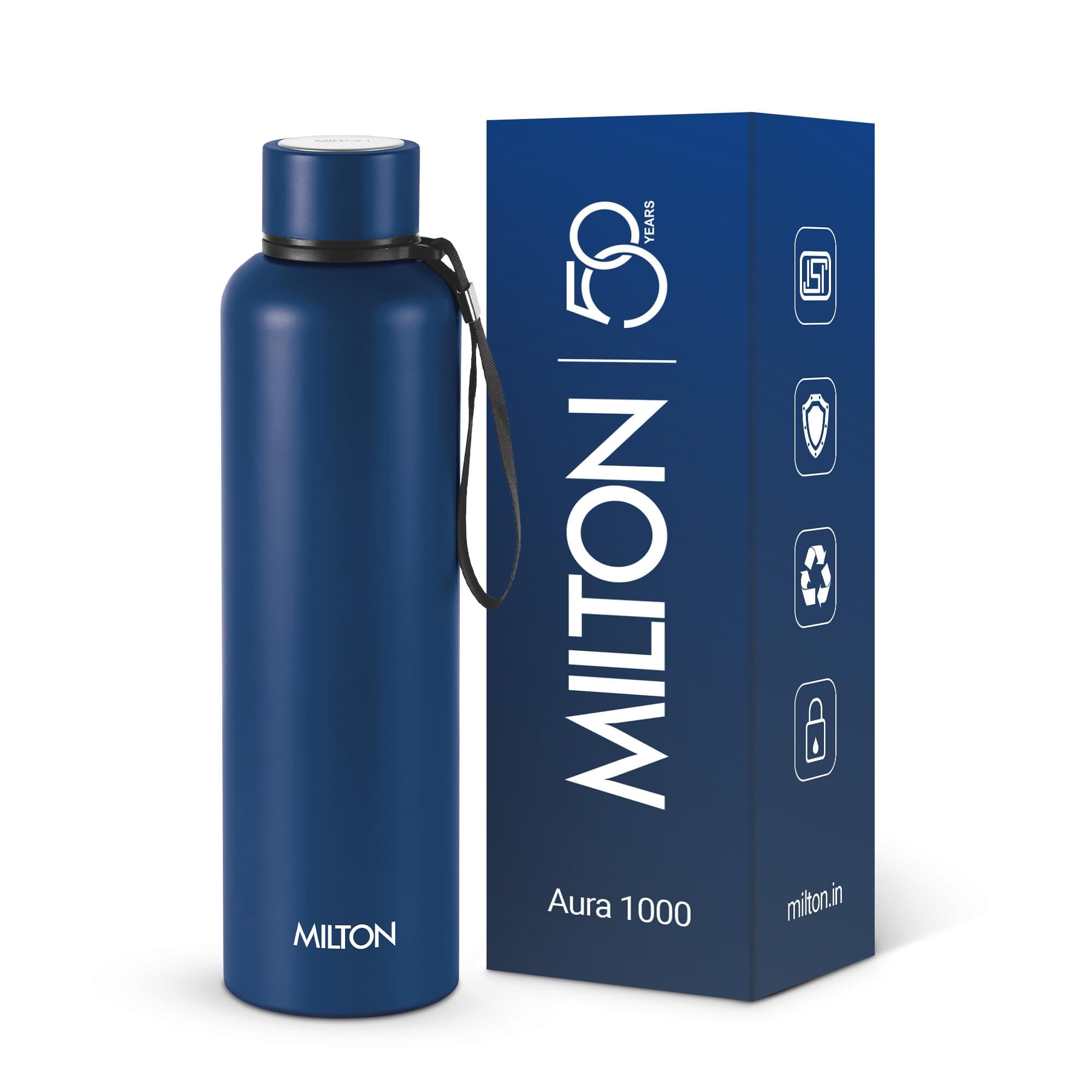 Milton Aura 1000 Thermosteel Water Bottle, 24 Hr Hot and Cold I Leak Proof Lid, ISI Certified I Vacuum Insulated I for Office, Gym, School I Dark Blue
