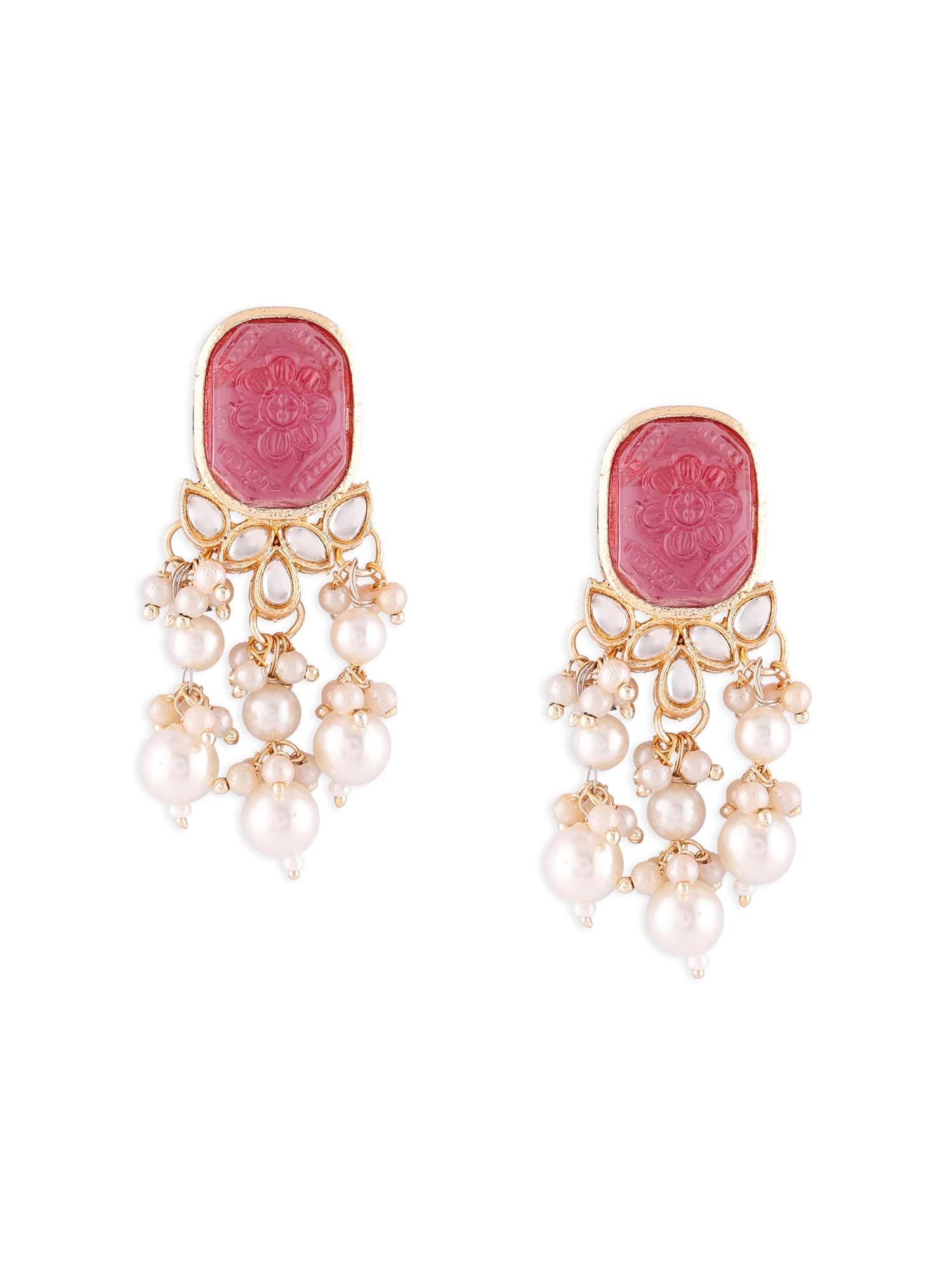 Zaveri Pearls Wine Color Stone Kundan Pearls Layer Yellow Gold Drop Earring For Women-ZPFK15441