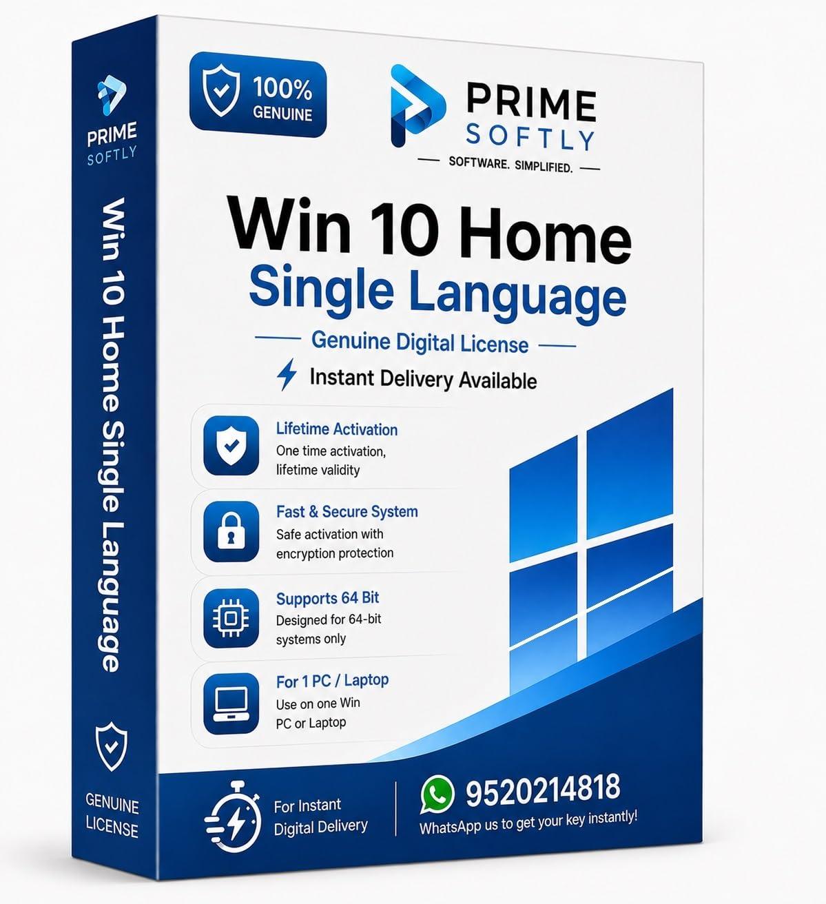 Win 10 Home Single Language Product Key | Lifetime License | Instant Digital Access | Supports Desktop and Laptop