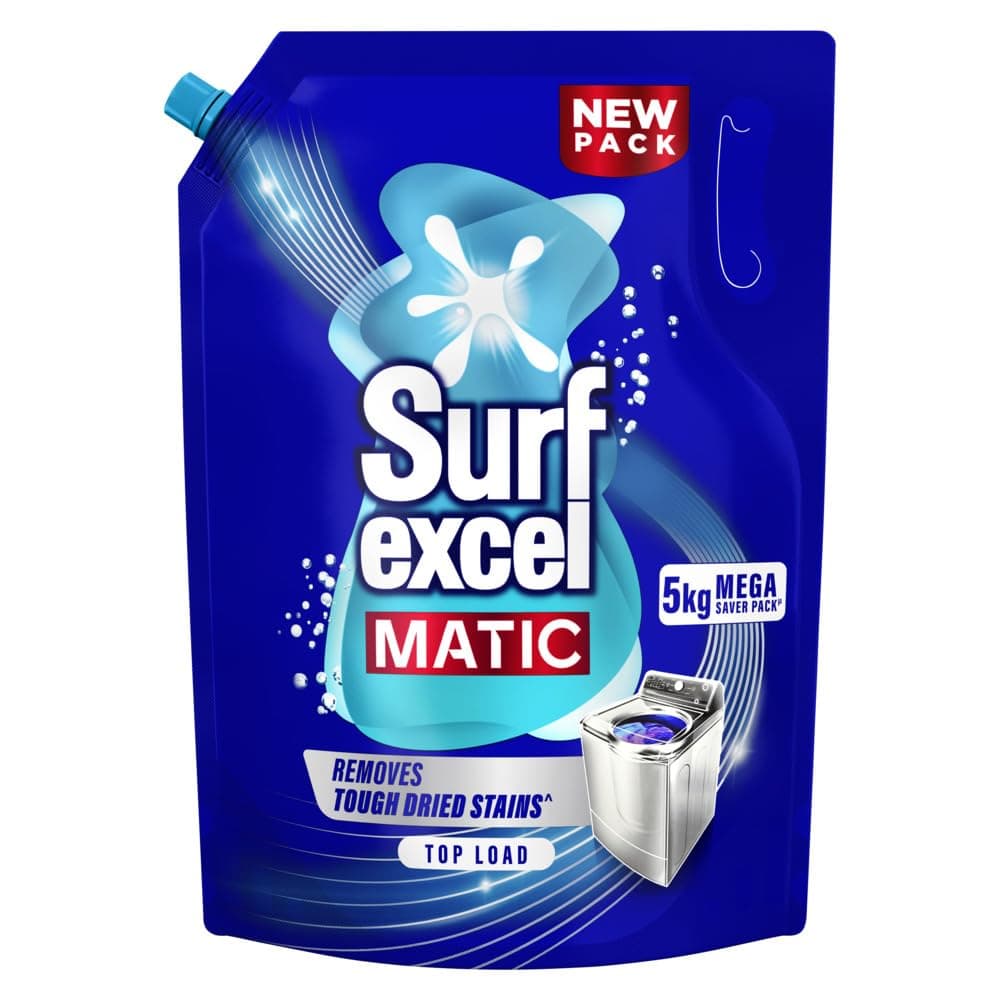 Surf Excel Matic Top Load Liquid Detergent 5Kg Refill Pouch, Specially designed to remove Tough Dried Stains, 1st time in Washing Machine