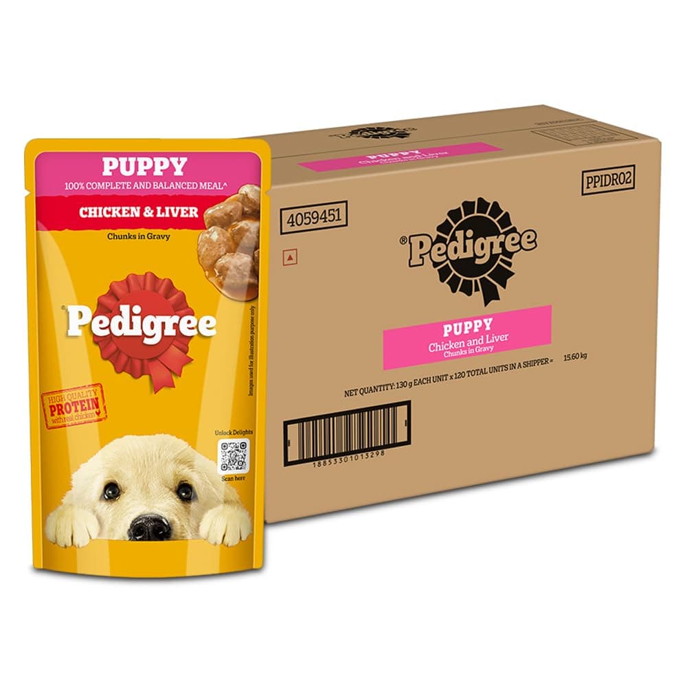 Pedigree Puppy Wet Dog Food, Chicken & Liver Chunks in Gravy, 130 g (Pack of 120), Complete & Balanced Meal for Puppies