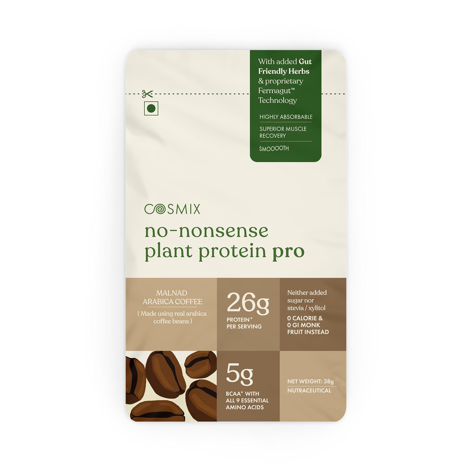 Cosmix No-Nonsense Plant Protein PRO 26g Protein | Yeast Protein & Pea Protein Blend | Malnad Arabica Coffee, 38g Sachet x 1 | Clean, Easy to Digest