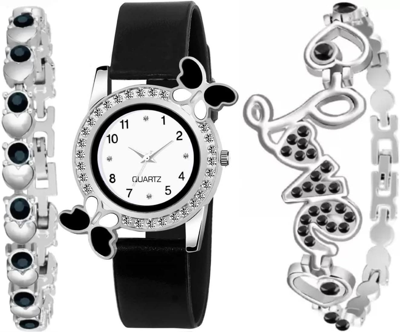 Acnos Silicone White Dial Diamond Pink Analog Watch 2 Diamond Bracelet For Girl Best Design Butterfly Combo 3 Pack Of 3, Black Band