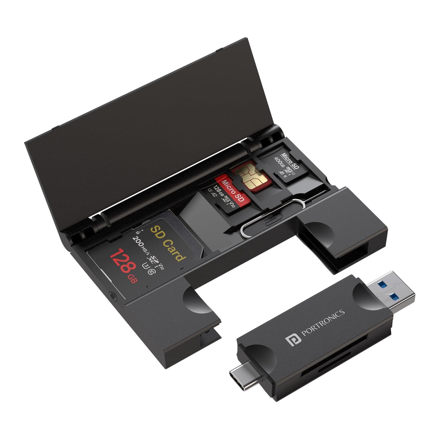 Portronics Mport 30 Plus Card Reader with Storage Case for microSD & SD Cards, Type-C & USB Dock Dual Plugs, Carry Case for microSD, SD, SIM Cards and SIM Ejector Tool (Black)