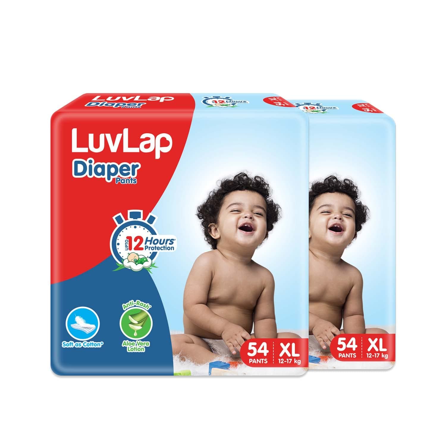 LuvLap Baby Diaper Pants XL Size (Extra Large), with Aloe Vera Lotion for rash protection, 108 Count (54x2), with upto 12Hr protection For babies of 12 to 17Kg, Jumbo pack, (54 Count, Pack of 2)