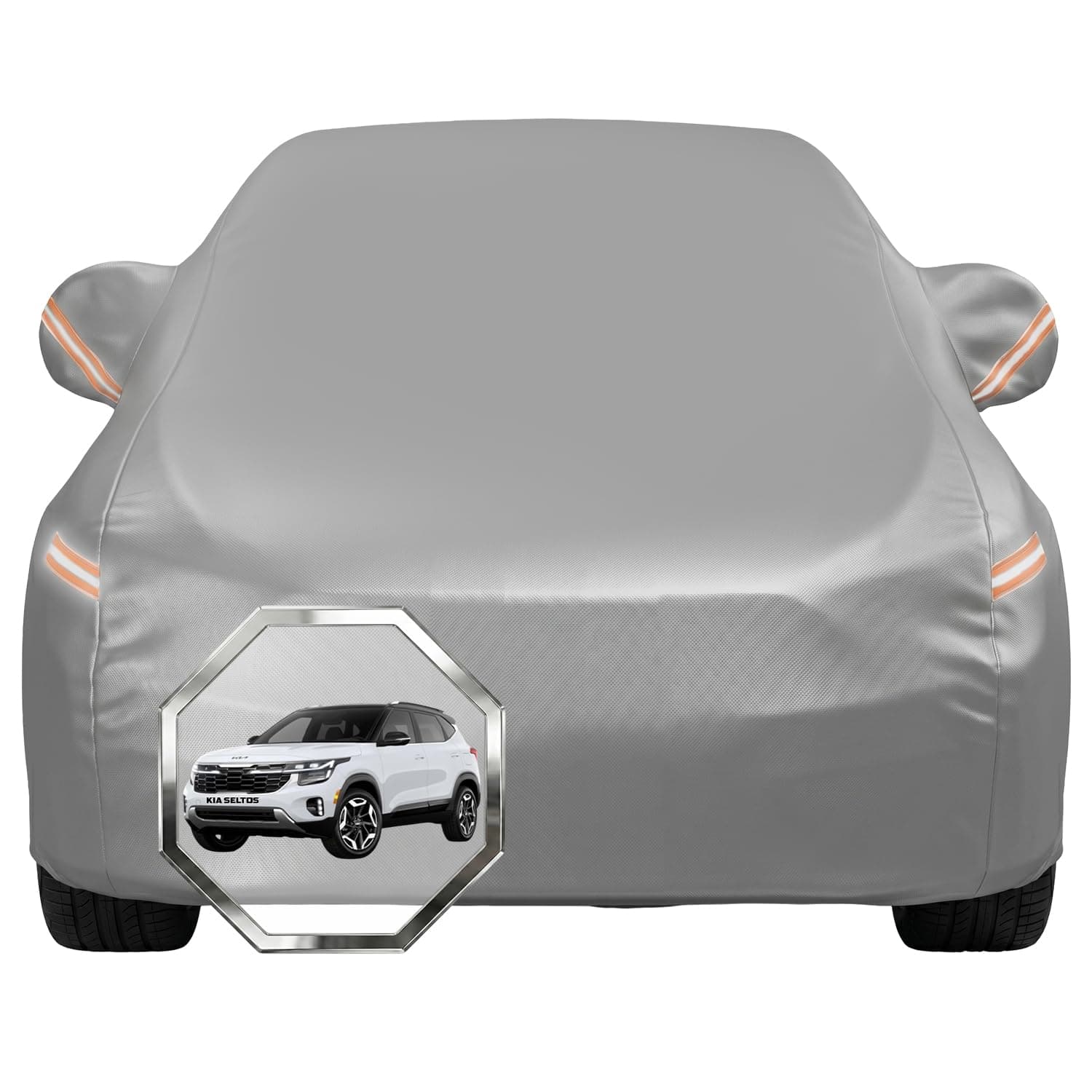 Pivalo Car Cover for Kia Seltos All Model & Years with Mirror Pocket 100% Waterproof Triple Stitched Bottom Elastic Dust, Heat & UV Resistant Full Body Protection (Grey with Highlighter)