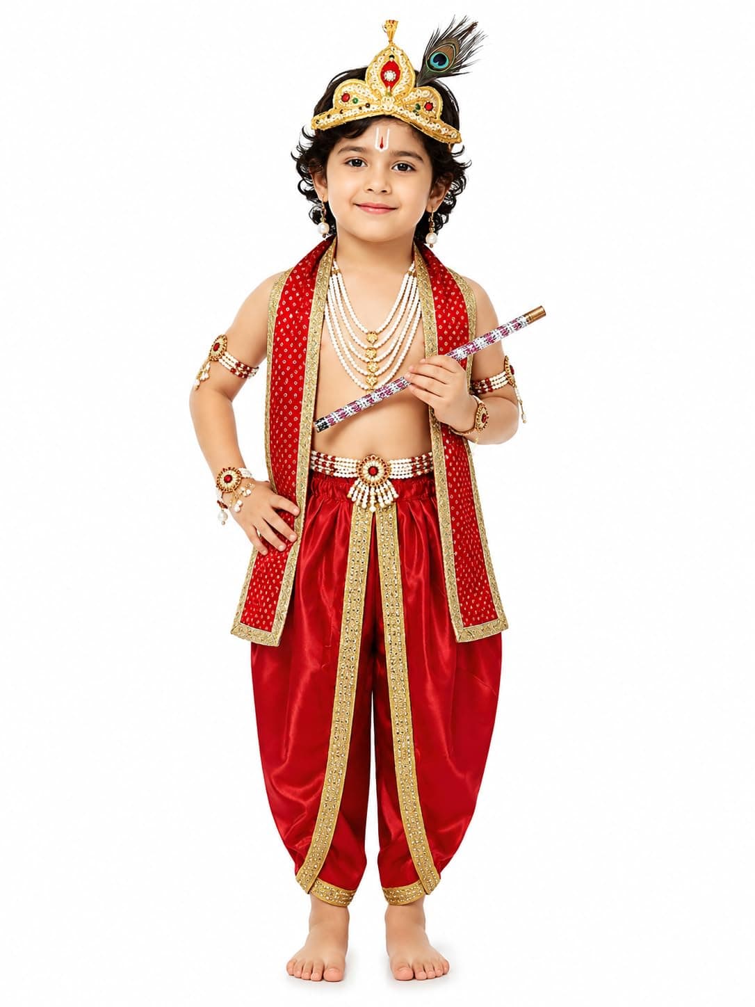 Krishna Jewellery Set for Kids | Kanha Ji Accessories for Boys & Girls | Janmashtami Fancy Dress Costume Accessories | Bal Gopal Mukut, Bansuri, Mor Pankh & Mala for School Function (Red, 6-12 Month)