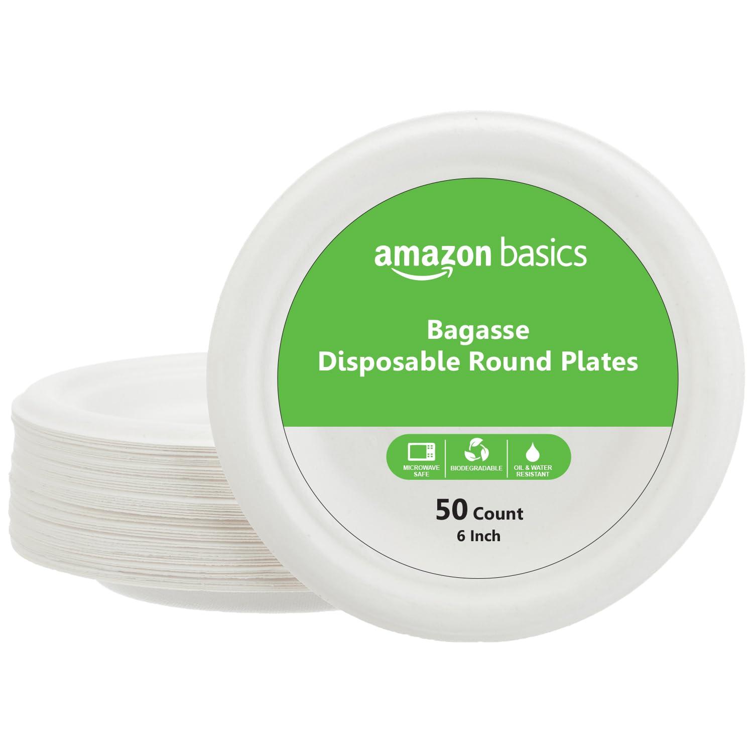 Amazon Basics Bagasse Disposable Round Plates | 6 Inch – Pack of 50 | Biodegradable | Leak-Resistant | Hot & Cold Food Safe | Eco-Friendly | Party, Weddings, Birthdays, Events, Travel Plates