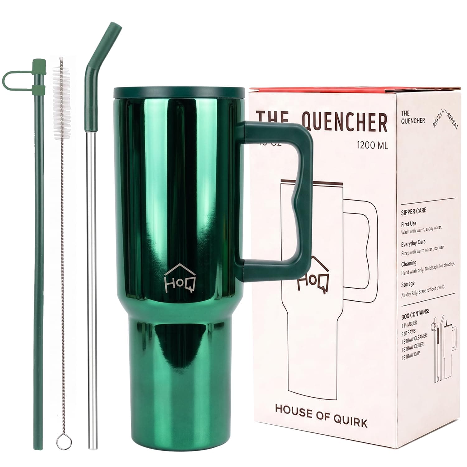 House of Quirk 1200ML Stainless Steel Tumbler with Handle & Lid, 2 Straws – Large Travel Mug Water Cup for Gym, Office & Outdoor Use (Mettalic Green)
