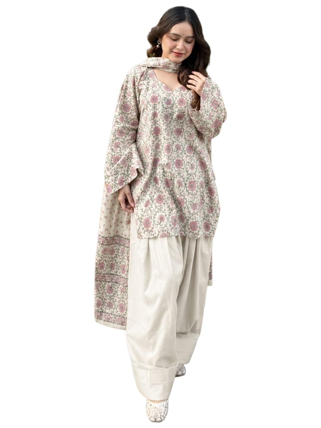 ANNI DESIGNER Women's Cotton Blend Printed Straight Farshi Salwar Set with Dupatta for Women (RUSHAM White_L_White_L)