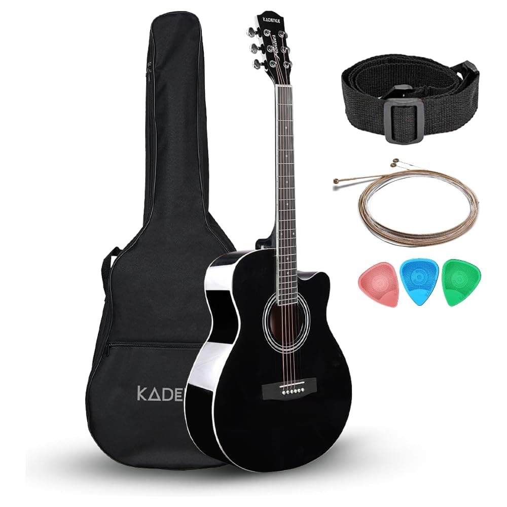 Kadence FNTR-BLK Frontier 40" Acoustic Guitar | Grand Auditorium Cutaway | Comes with Bag, Set Of Strings, Strap, Picks | Includes Learning Course | Black