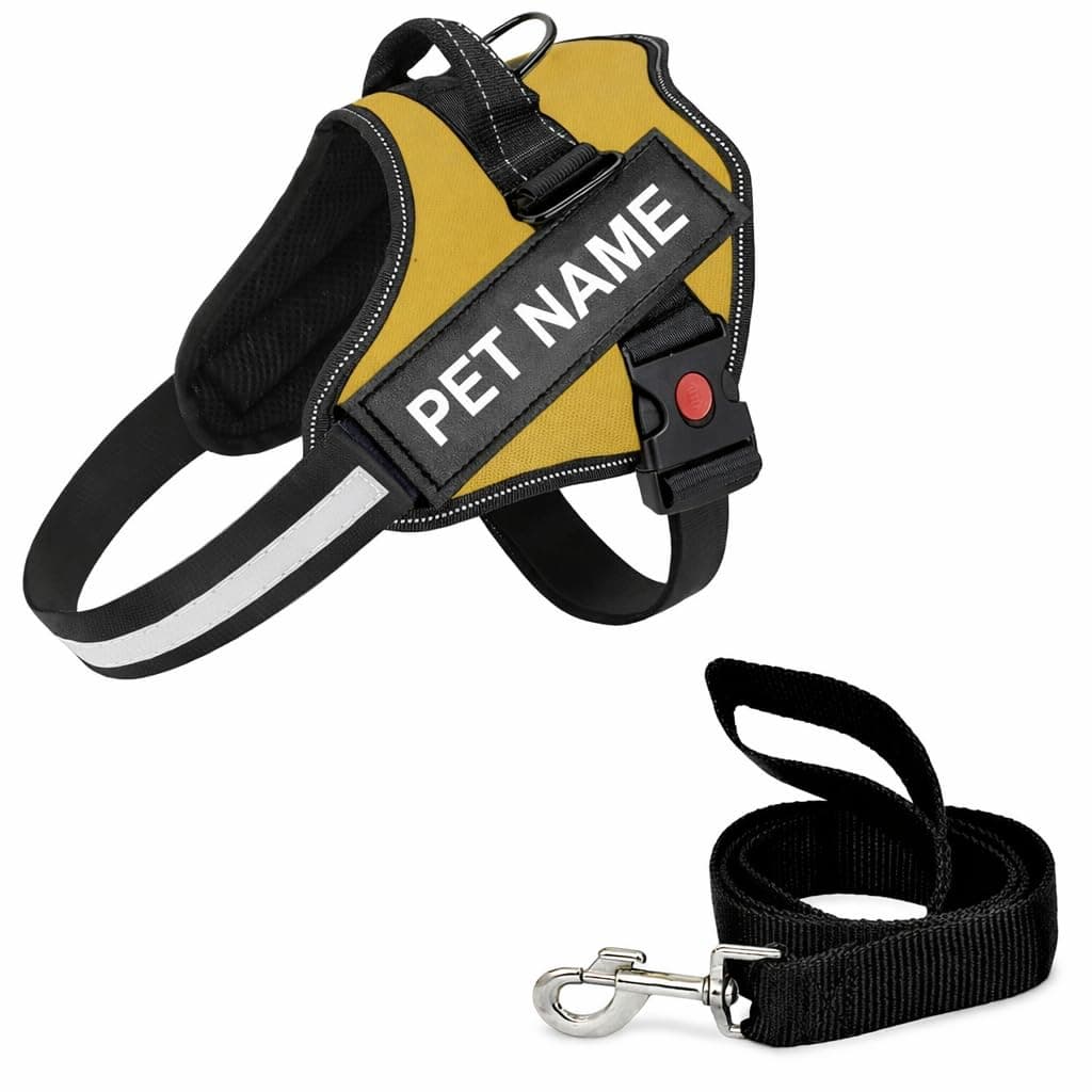 Berlin's Personalized Dog Harness with Pet Name & Phone Number, No Pull Dog Vest,Escape Proof Reflective Dog Harness, Custom Patches with Hook Backing (Golden, XL (35KGS Above))