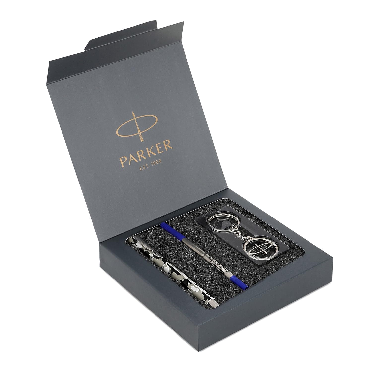 Parker Gift Set| Vector Camouflage Roller Ball Pen Gift Set | Pen with 1 Ink Cartridge & Keychain | Ink Color Blue | Premium set crafted for Gifting