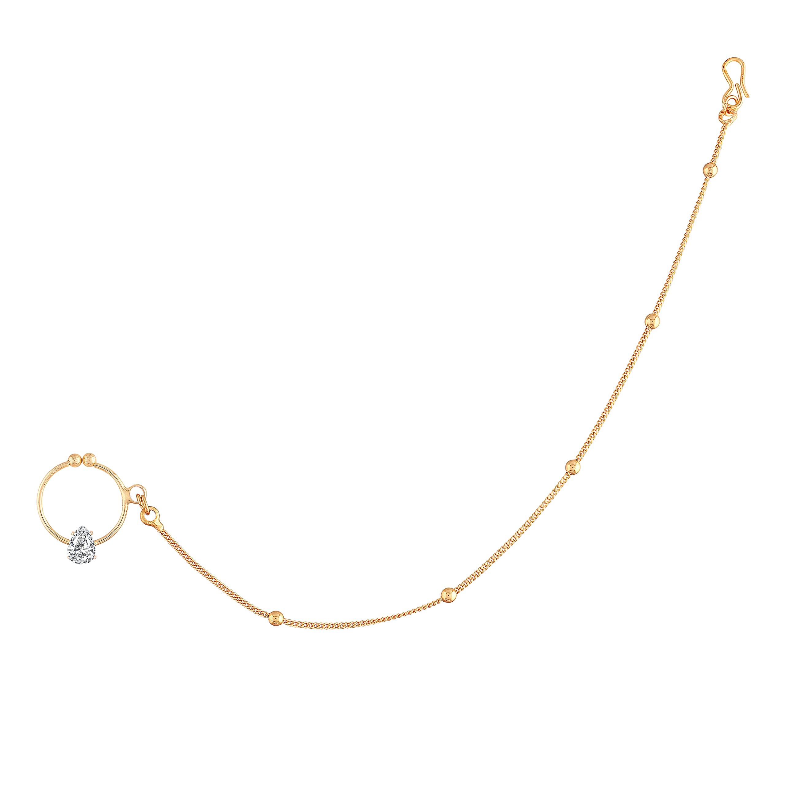 I Jewels 18k Gold Plated Traditional Ethnic Bridal Nose Ring/Nath without piercing with Chain Encased with Stone for Women/Girls (NL44W)