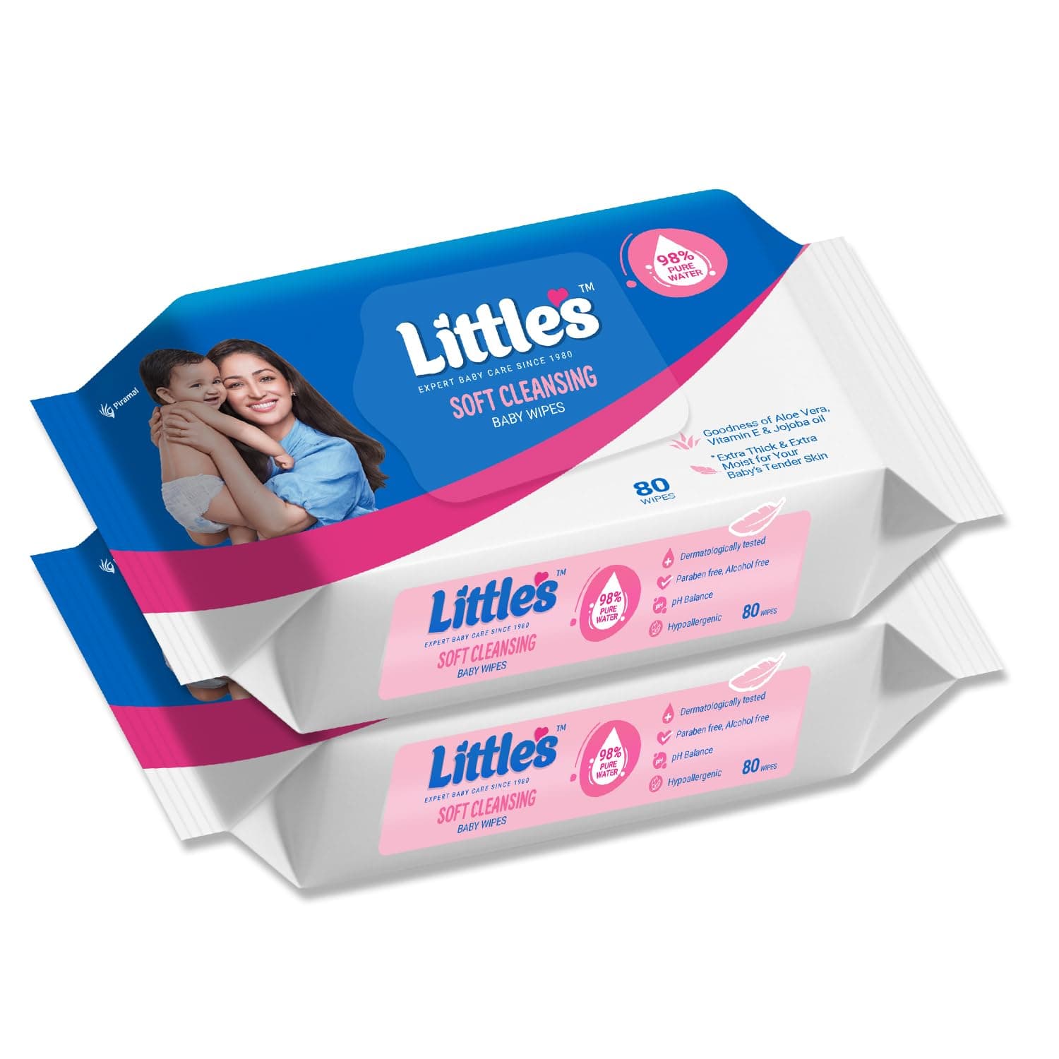 Little's Soft Cleansing Baby Wipes | 80 Wipes x 2 - 160 Wipes | Extra Thick & Moist Wet Wipes for Baby's | Prevents Rashes & Redness with Goodness of Aloe Vera, Vitamin E & Jojoba Oil